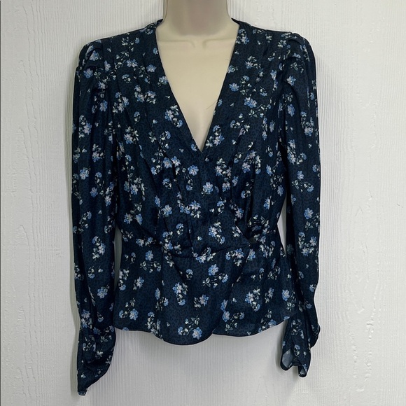 Free People - A Night You Navy Floral Long Sleeve Wrap Blouse Size Small - Picture 2 of 13
